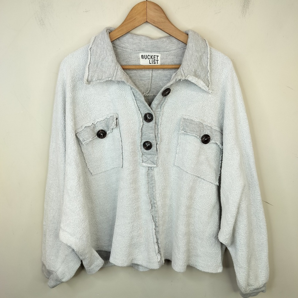 Bucket List Henley Sweatshirt Top Womens Small Oversized Raw Edge Boho Gray